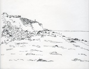Samsø, Danmark. Stranden nord for Koldby Kaas. Tegning, 24 x 17 cm. Tegnet den 24. maj 1969 af Erik K Abrahamsen.