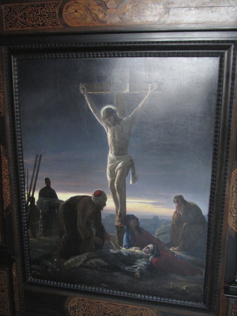 Jesus on calvary Cross in Jerusalem. Painting in Phot