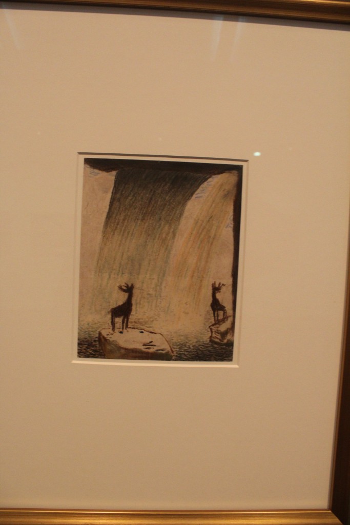 Carl Fredrik Hill: "Vandfald med to hjorte, u.å.. Farvekridt på papir, 21 x 17 cm. Nationalmuseum, Stockholm. 
