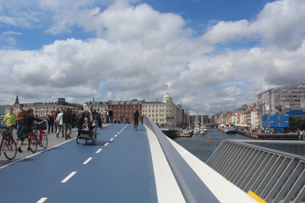 View from top of new walk- and bike bridge "Inderhavnsbroen" to Nyhavn and Copenhagen City