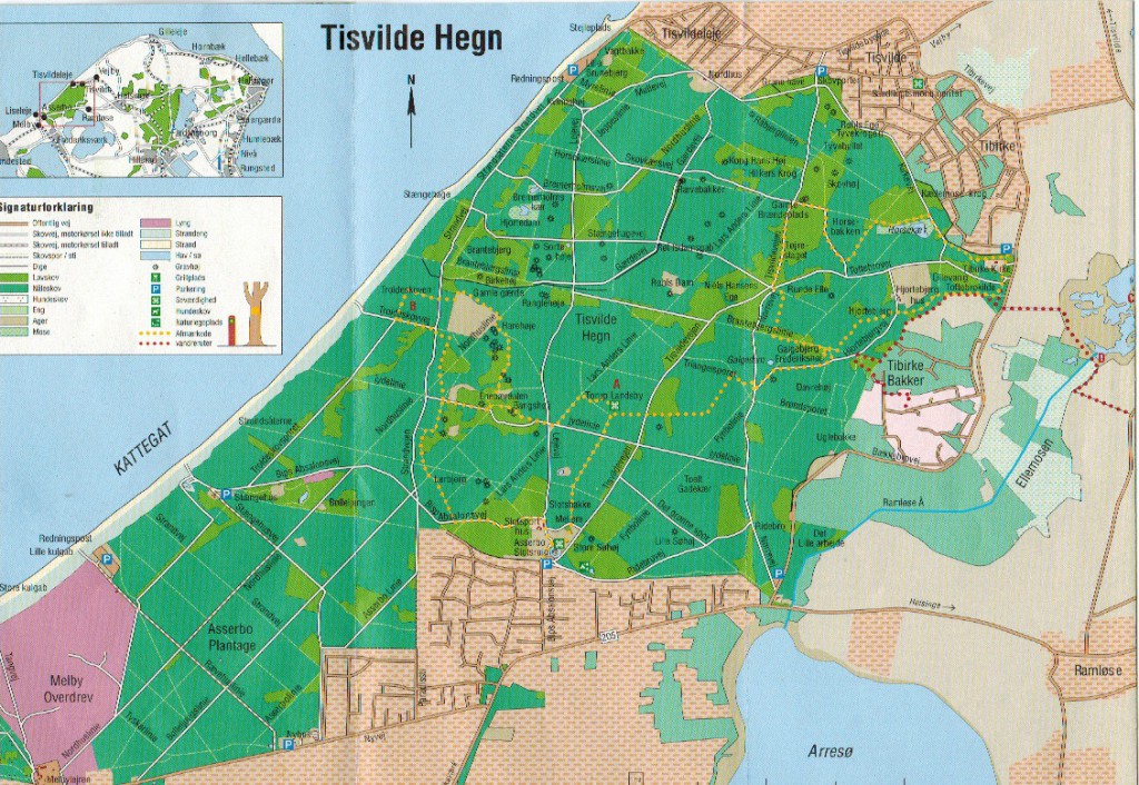 Kort over Tisvilde Hegn og Tibirheke bakker. Scannet fra folder udgivet af Naturstyrelsen, Miljøministeriet.