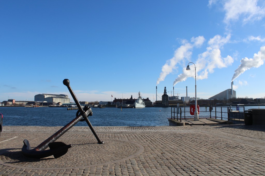 View fro Custom House to former Naval Base Holmen 1680-1989 with museumship Herluf Trolle built 1965 and Mastekranen built 1751. Photo in direction sour 22. february 2018 by erik K Abrahamsen